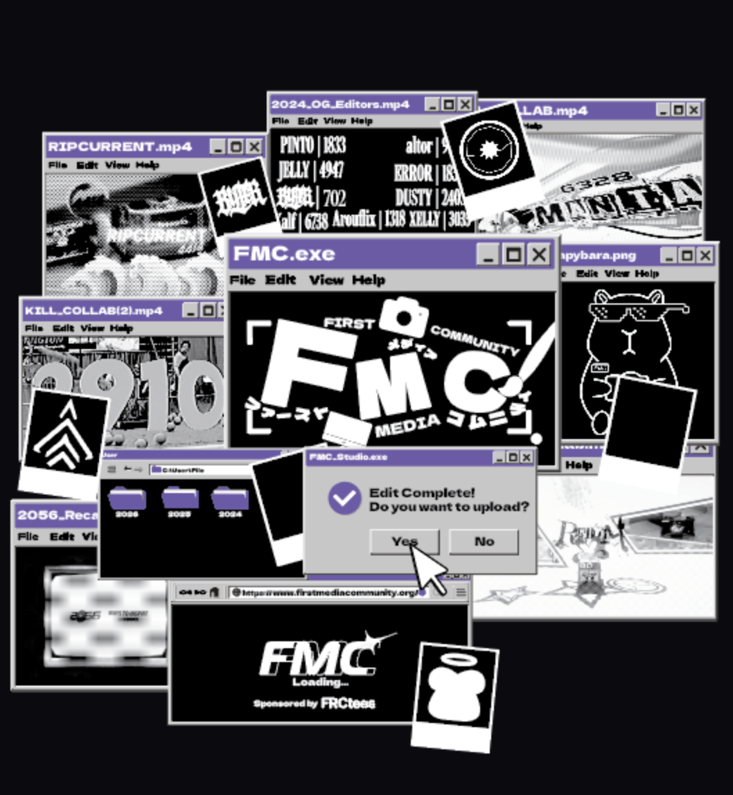 FIRST Media Community visual identity artboard with layered retro computer windows