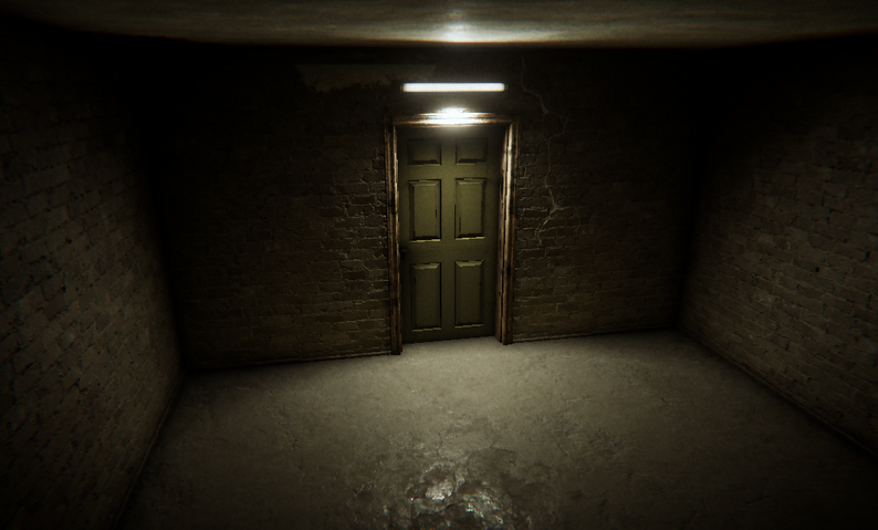 A dim brick room and closed door from the horror game No Answer