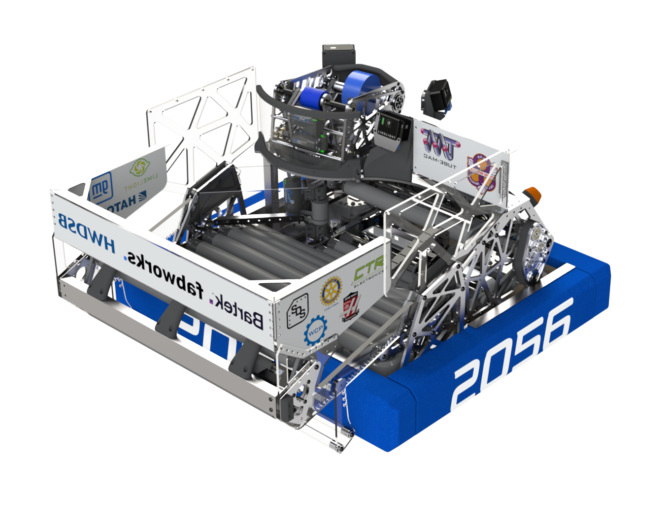 Front three-quarter CAD render of Team 2056's 2026 robot